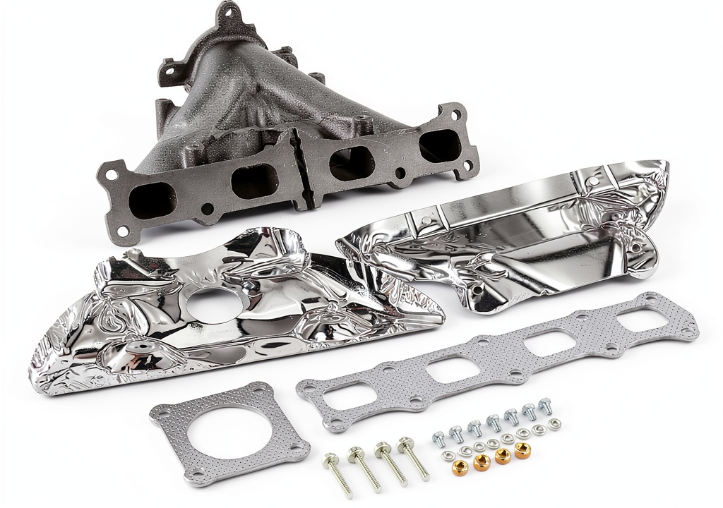 Installing Exhaust Manifold A-Premium Cast Iron Replacement on a garage workbench